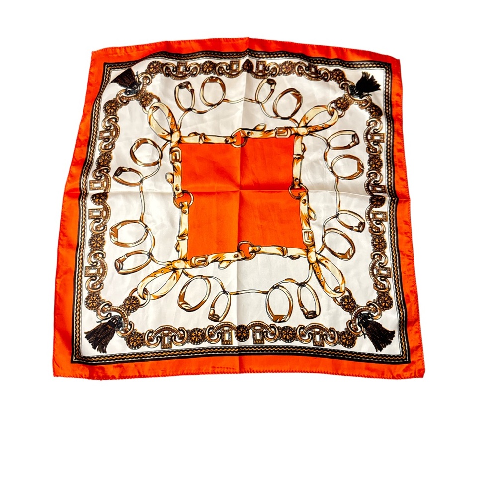 B.m. Elegant Orange and White Chain Print Scarf Designer Look